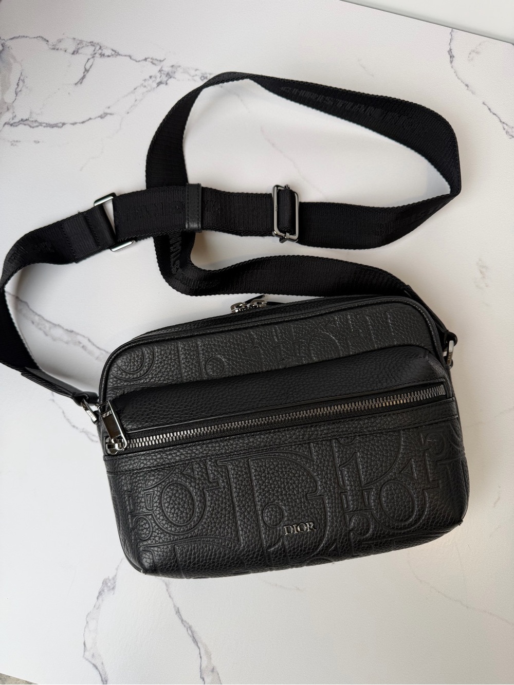 Dior Black Embossed Leather Belt Bag with Adjustable Strap